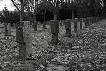 Black and white photo of a German war grave to commemorate the fallen soldiers of World War II