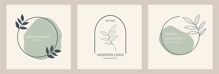 Set of aesthetic minimal green and beige logo with leaf, vector collection for brands, beauty salon, spa