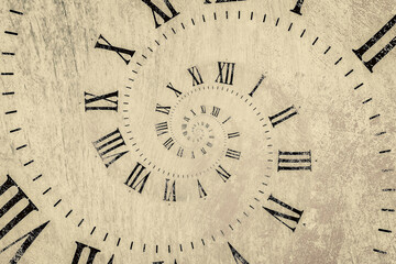 Droste effect background with infinite clock spiral. Abstract design for concepts related to time.