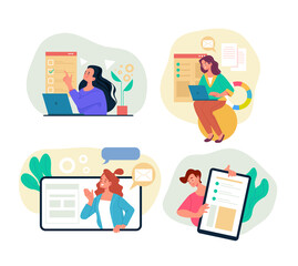 Online internet bsiness activity education training searching concept. Vector cartoon flat graphic design illustration