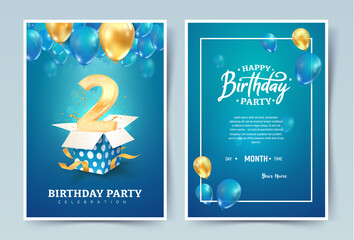 2nd years birthday vector invitation double card. Two years anniversary celebration brochure. Template of invitational for print on blue background