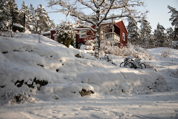 Red wooden village house surrounded by snowy trees on a winter sunny morning