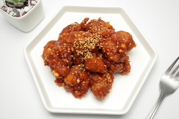 fried chicken bites with spicy glaze (korean food 'Dakgangjeong')