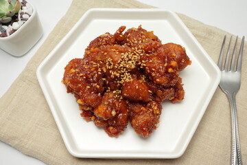 fried chicken bites with spicy glaze (korean food 'Dakgangjeong')