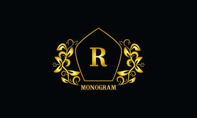 Decorative, golden graceful monogram with initials R. Heraldic logo symbol with exclusive elements of calligraphic design. Vector business sign, identity for hotel, restaurant, jewelry.