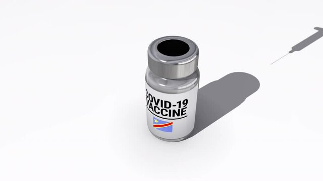 Seamless looping 3D animation of the covid-19 vaccine injection of a bottle with the flag of Democratic Republic of the Congo in 4K resolution 