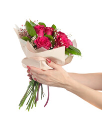 the girl holds a bouquet of flowers, gives or accepts flowers. gifts holidays and birthdays.