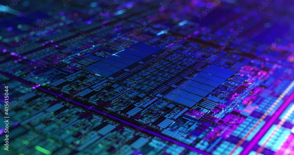 Poster digital futuristic chip, microchip processor with neon lights. quantum computer, large data processi