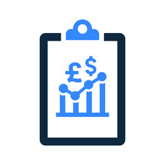 Dollar and pound growth report icon.  Editable vector isolated on a white background.