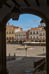 Obraz premium Main square of Trujillo (Caceres) from the arcades. Extremadura monumental town.