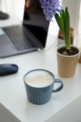 Hyacinth and a cup of coffee on the desk