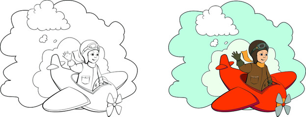 Coloring book page for children with colorful pilot kid and sketch to color. Vector illustration of character coloring page. Black and white coloring page of a boy dressed as aviator. Clipart isolated
