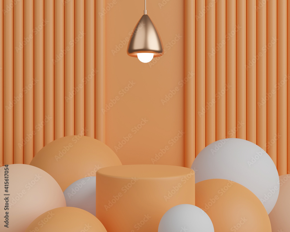 Poster 3d rendering empty cylinder podium on orange background.