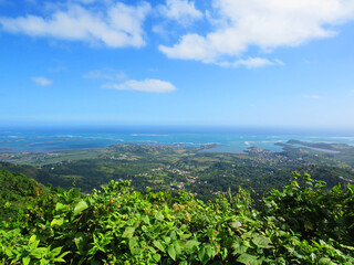 Fototapeta na wymiar Panoramic of the Caribbean coast of the French Antilles. Exotic landscape of tropical vegetation, Caribbean sea and blue sky with white clouds. Nature and landscape background.