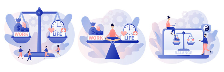 Obraz na płótnie Canvas Work and life balance. Tiny people keep harmony choose between career and money versus love and time, leisure or business. Modern flat cartoon style. Vector illustration on white background