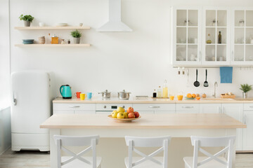 Healthy food, vitamins, interior and design of modern apartment