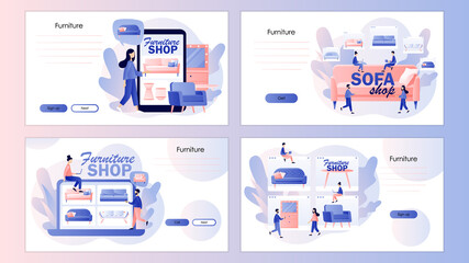Furniture and home accessories store. Sofa shop.Tiny people shopping furniture online.Screen template for mobile smart phone, landing page, template, ui, web, mobile app, poster, banner, flyer. Vector