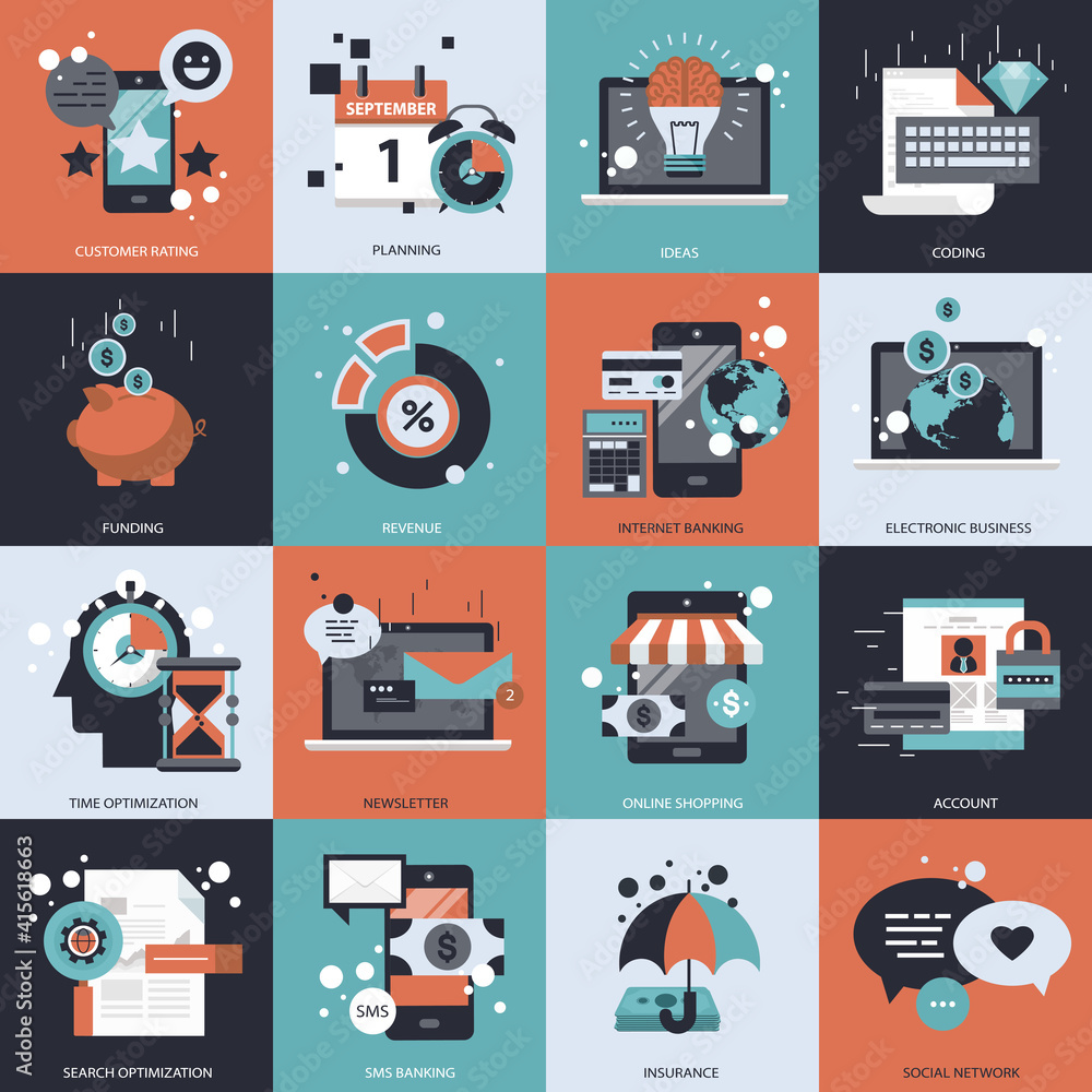 Wall mural business, technology and management icon set for websites and mobile applications. flat vector illus