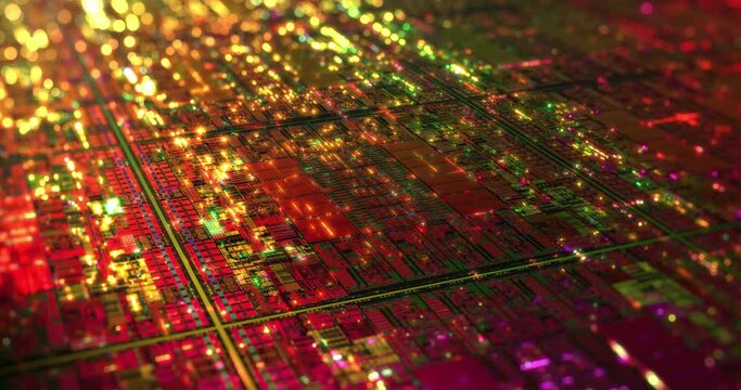 Futuristic microchip processors on wafer with data neon lights. Hardware technology concept, Computer component in orange-red lights. 4K loop, 3D rendering