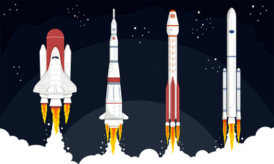 Space Mission concept. Science fiction background. Collection of rockets launched into space. Set of isolated cartoon vector illustrations