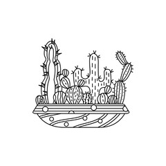 Coloring book page for adult and children . Hand drawn succulents and cacti in pot.