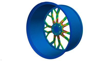 3D Illustration. Isometric back view Von Mises engineering stress plot of vehicle alloy wheel