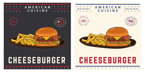 cheeseburger with french fries vintage illustration