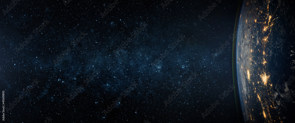 Wall mural view of the earth, star and galaxy. sunrise over planet earth, view from space. concept on the theme