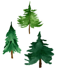 Fir trees forest christmas watercolor set. Template for decorating designs and illustrations.