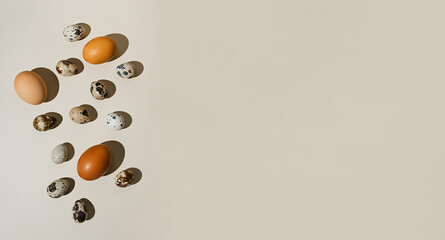 Natural organic quail and chicken eggs on a trendy beige background photographed with hard lights and shadows. Minimalistic frame, easter concept. Top view, Banner with copy space.