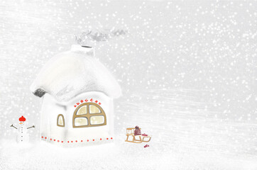 Snowy landscape with an illuminated house.  - obrazy, fototapety, plakaty