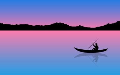 vector illustration of a black silhouette of a man in a hat with a pole sits on a boat reflecting in a quiet water surface against the background of a mountain range and a pink sunset sky