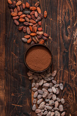 Raw cocoa beans two types Venezuela on brown background