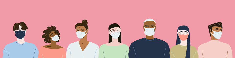 Vector illustration in a flat style, a group of people wearing medical masks to prevent disease.