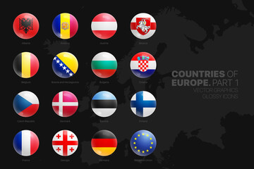 European Countries Flags Vector 3D Glossy Icons Set Isolated On Black Background Part 1. Official National Flags Of Europe Vivid Bright Color Bulging Convex Round Buttons Design Elements Collection