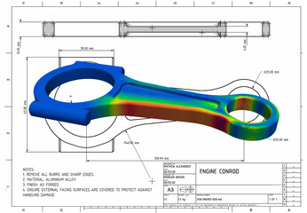 3D Illustration. Side on view Von Mises engineering stress plot of an engine connecting rod on technical drawing