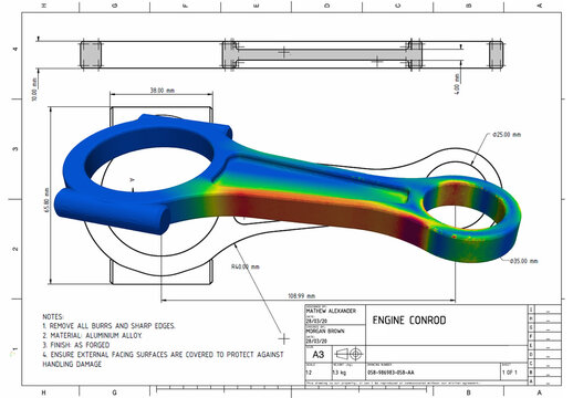 3D Illustration. Side on view Von Mises engineering stress plot of an engine connecting rod on technical drawing