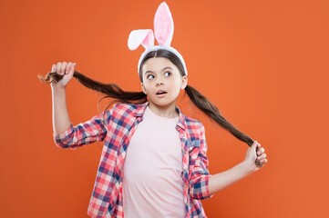 Playful beauty. just having fun. ready for party. happy childhood. thoughtful bunny kid.