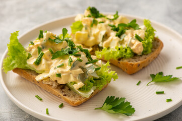 Egg salad sandwiches, on light background.