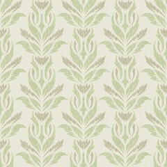 Seamless background with a floral motifs. Soft natural tones. Light green, brown, beige colors. Aged, scratched texture of fabric, paper, canvas. Square repeating pattern of wallpaper, textiles, wrap