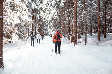 skaters in the trail in the winter snowy forest