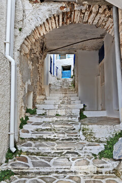 Traditional alley in Apiranthos village, a beautiful mountainous village in Naxos island, Cyclades islands, Greece, Europe.