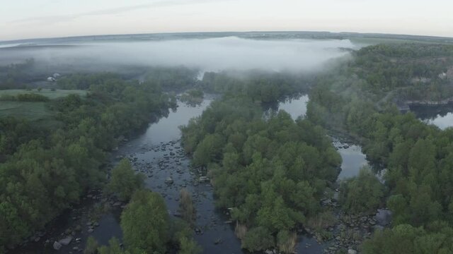 Landscape aerial drone shot of beautiful mountain river at spring.