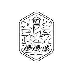 Lighthouse with ship monoline design badge and emblem