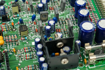 Close-Up Resistors and electronics on board electrical circuits.	
