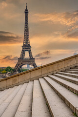 Eiffel Tower in Paris France, from the steps of The Trocadero at sunrise in summer postcadr background image