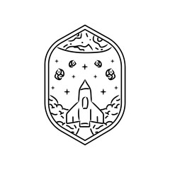 Rocket in galaxy monoline design badge and emblem
