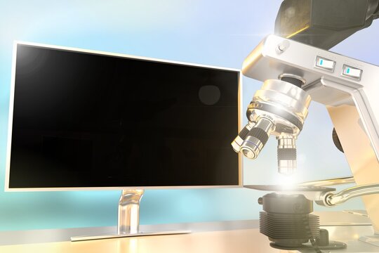 biochemistry development concept, object 3D illustration -  laboratory hi-tech microscope and monitor with blank space for your content with flare on bokeh background
