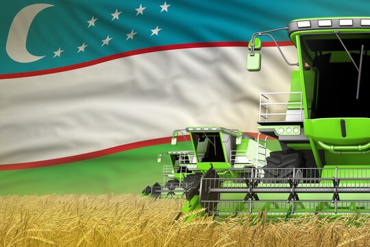 industrial 3D illustration of three green modern combine harvesters with Uzbekistan flag on wheat field - close view, farming concept