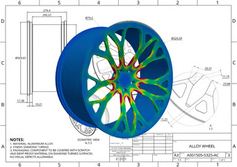 3D Illustration. Isometric right view Von Mises engineering stress plot of vehicle alloy wheel on technical drawing © Mathew